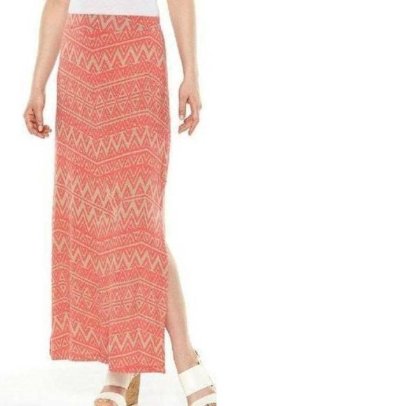 Womens Maxi Skirt Apt 9 Orange Tribal XS Long Jersey Elastic Waist Slide Slit - Picture 1 of 5